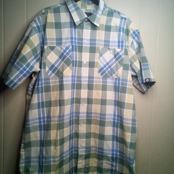 Akademiks Button Up Shirt 3XL Short Sleeve Plaid Green Blue - Picture 1 of 11